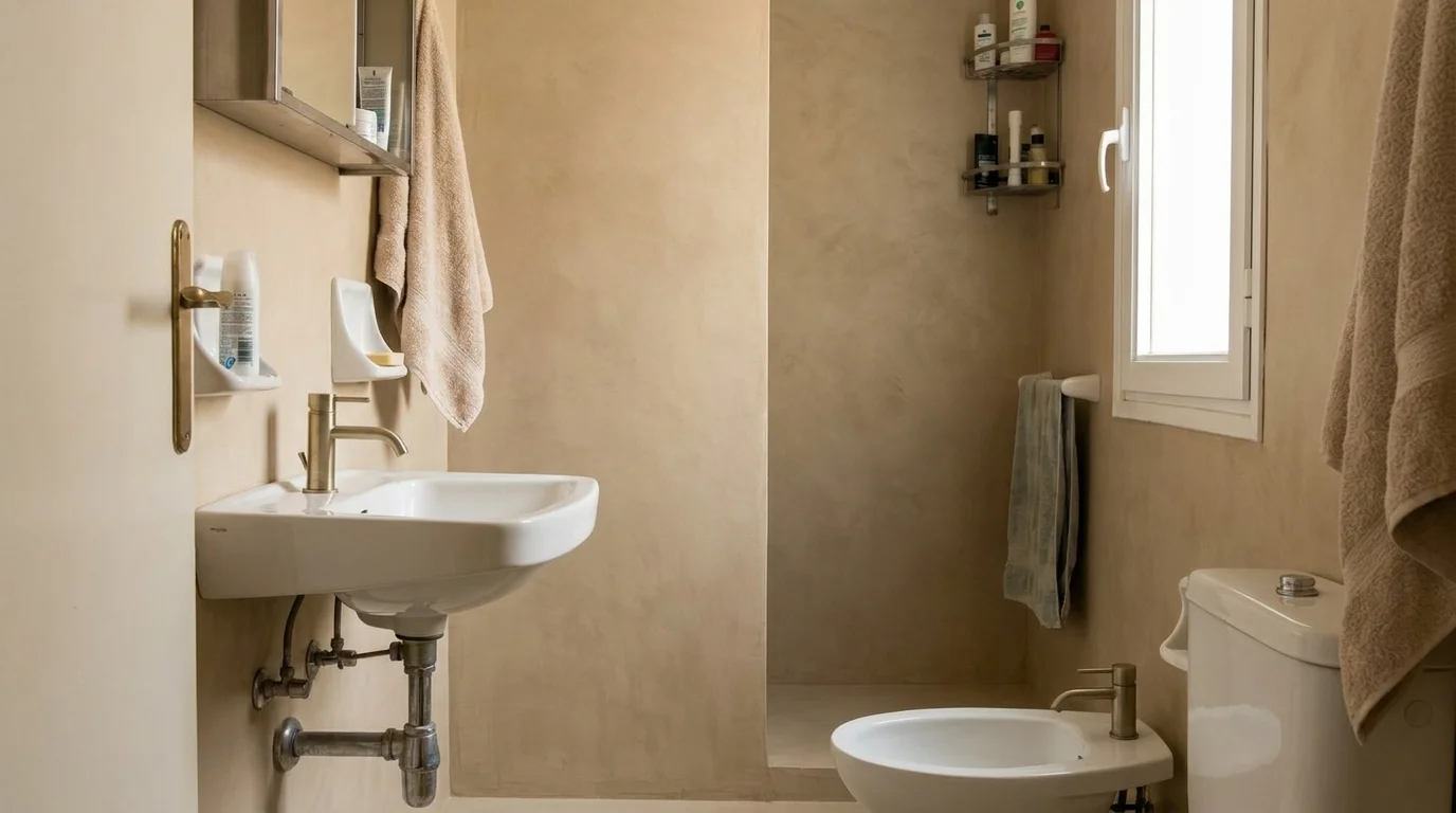 El mismo baño con paredes y suelo de microcemento