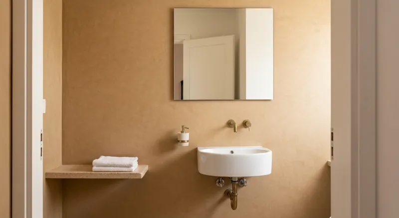 Baño con microcemento beige, lavabo blanco y grifería de latón en Badalona