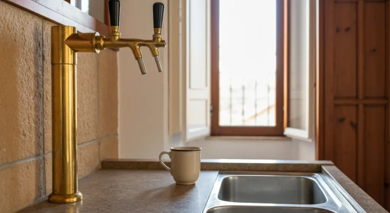 Encimera de microcemento en mini-cocina con grifo de latón en Badalona